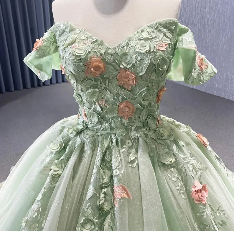 Matcha Green Off The Shoulder Floral Appliqués Shimmering Lace Up Back Quinceañera Pageant Special Occasion Gala Ball Gown Y2190