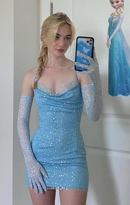 Pretty Sky Blue Sequin Short Princess Birthday Dress Homecoming Dress SP127