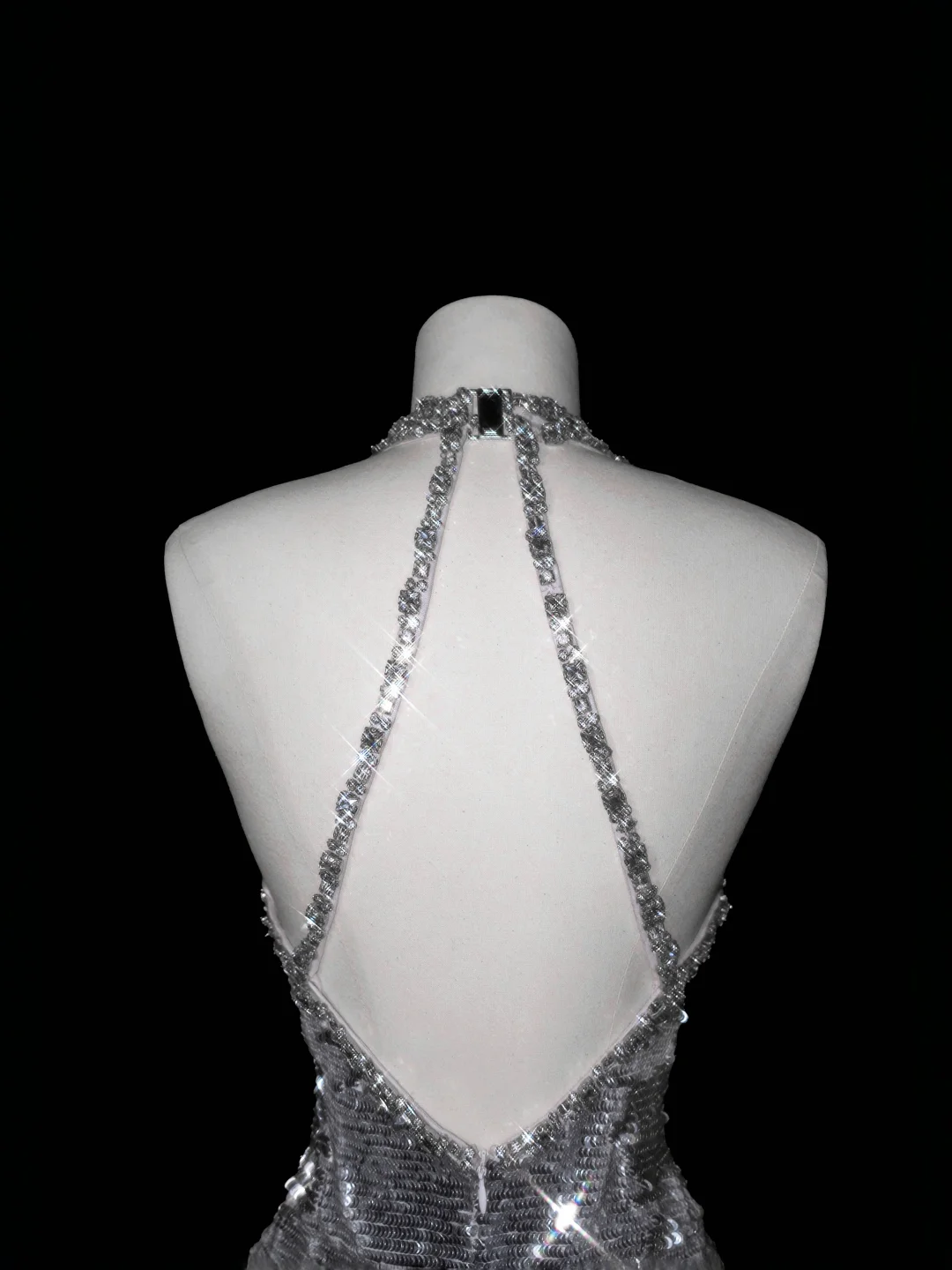 Sparkly Silver Deep V Halter Sequins Beaded Backless Evening Dress,Mermaid Prom Dress Y8687