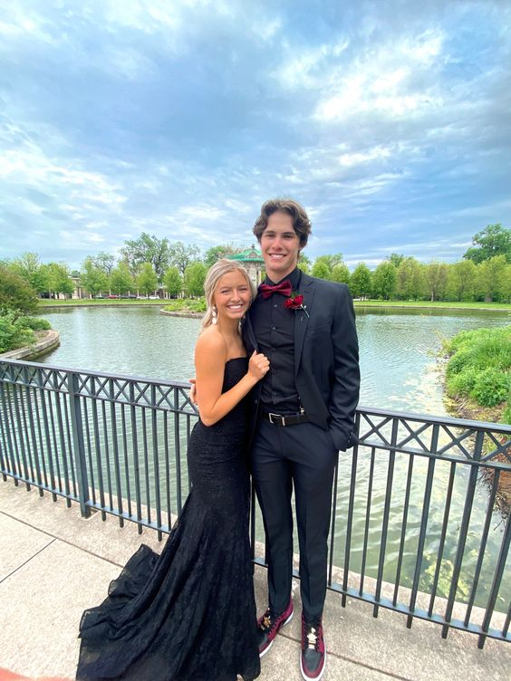 Strapless Mermaid Black Lace Long Prom Dresses with High Slit, Mermaid Black Formal Graduation Evening Dresses Y4782