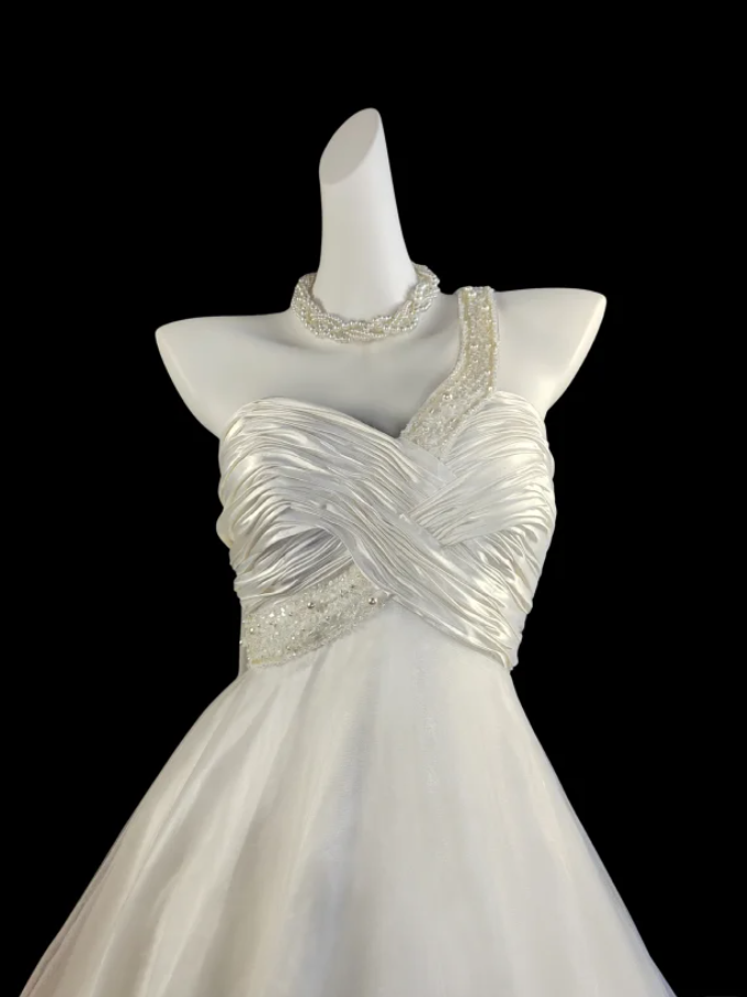 Cute One Shoulder White Satin Tulle Beaded A Line Short Homecoming Dress Birthday Outfits SP355