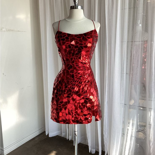 Luxurious Red Spaghetti Strap Sequin Sheath Short Graduation Homecoming Dress Cocktail Dress Y9130