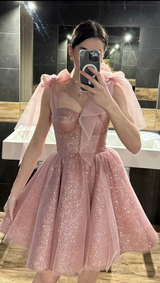 Sparkly Bow Straps Sequin Tulle A Line Short Birthday Dress,Black Short Graduation Homecoming Dress SP2797