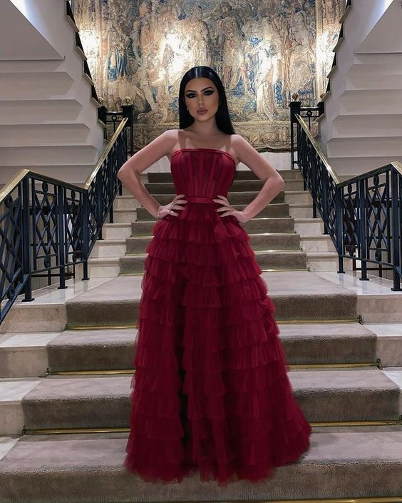 Elegant Strapless A-line Multi-layered Evening Dress,Chic Gala Dress Y5331