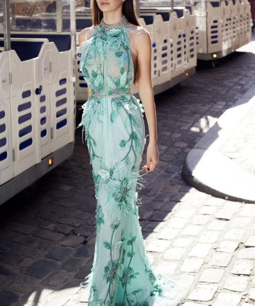 Stylish Green Halter Beaded Floral Feathers Mermaid Evening Dress Long Birthday Outfits SP843