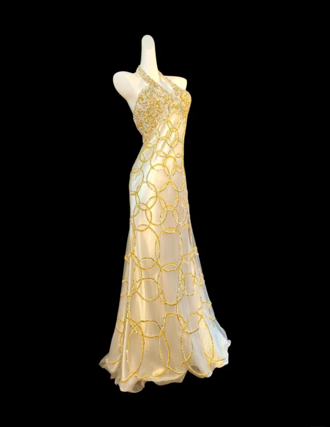 Gorgeous Gold Halter Tulle Sequin Beaded Mermaid Long Party Gown Prom Dress SP353