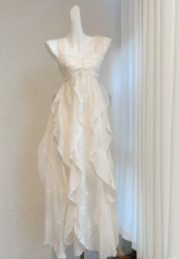 Classy Off-white Chiffon Ruffles Long Party Dress Prom Dress  SP431