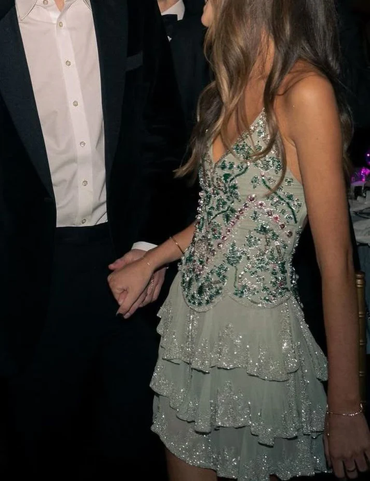 Vintage Spaghetti Straps Mint Green Chiffon Sequin Beaded Homecoming Dress A Line Cocktail Dress Y9312