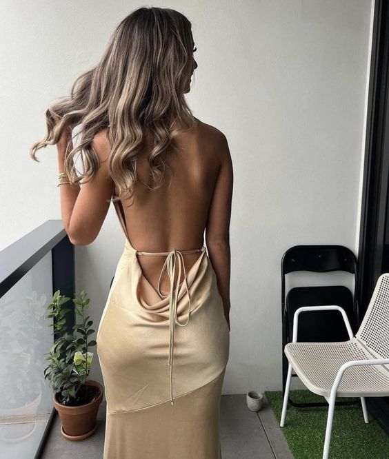Champagne Gold Halter Backless Mermaid Long Prom Dress Y7427