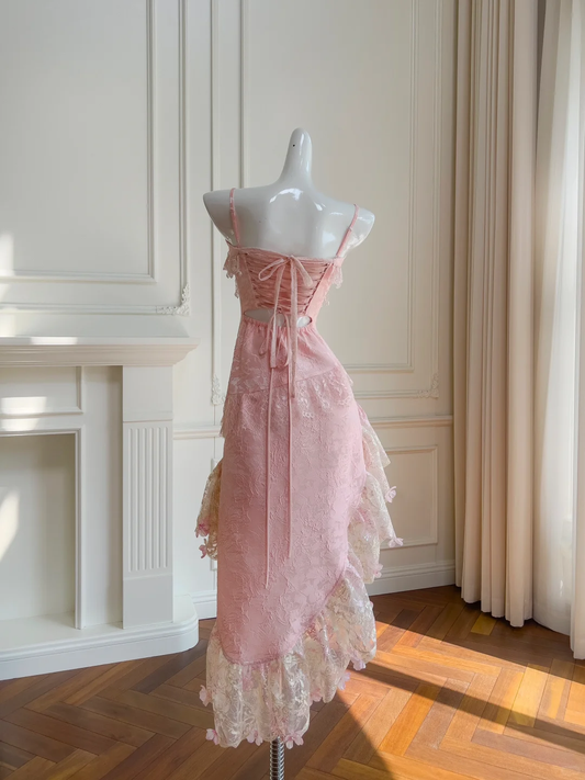 Pretty Pink Satin Lace Birthday Party Dress Prom Dress Y8971