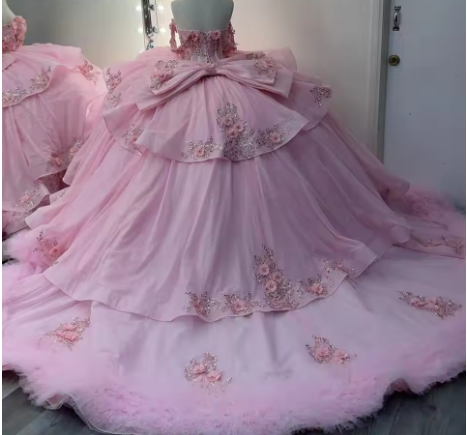 Elegant Pink Tulle Lace Sequin Beaded Appliques Ruffle Princess Quinceanera Dresses Sweet 16 Dress SP572