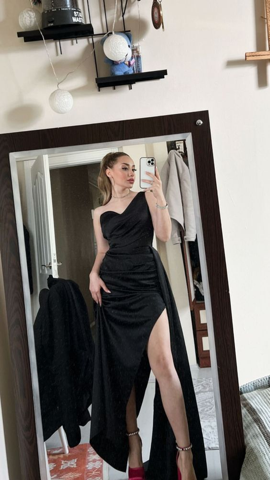 Elegant Black One Shoulder Prom Dress,Black Evening Dress Y5782