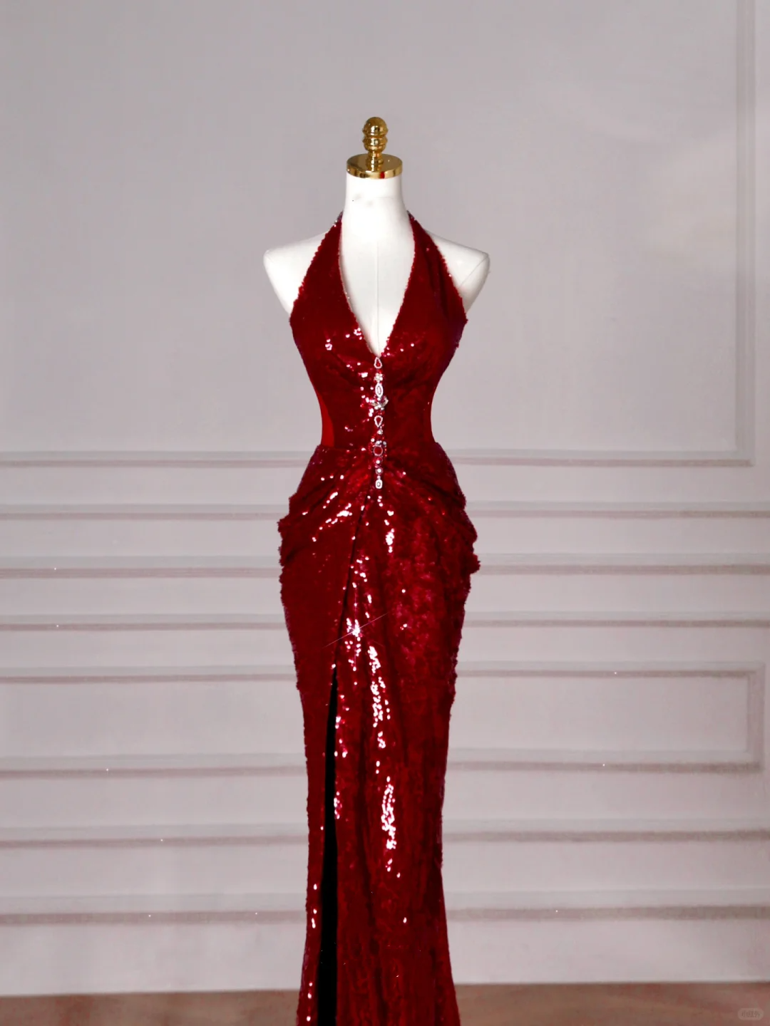 Sexy Burgundy Sequins Halter V Neck Evening Dress,Backless Mermaid Evening Dress Y8628