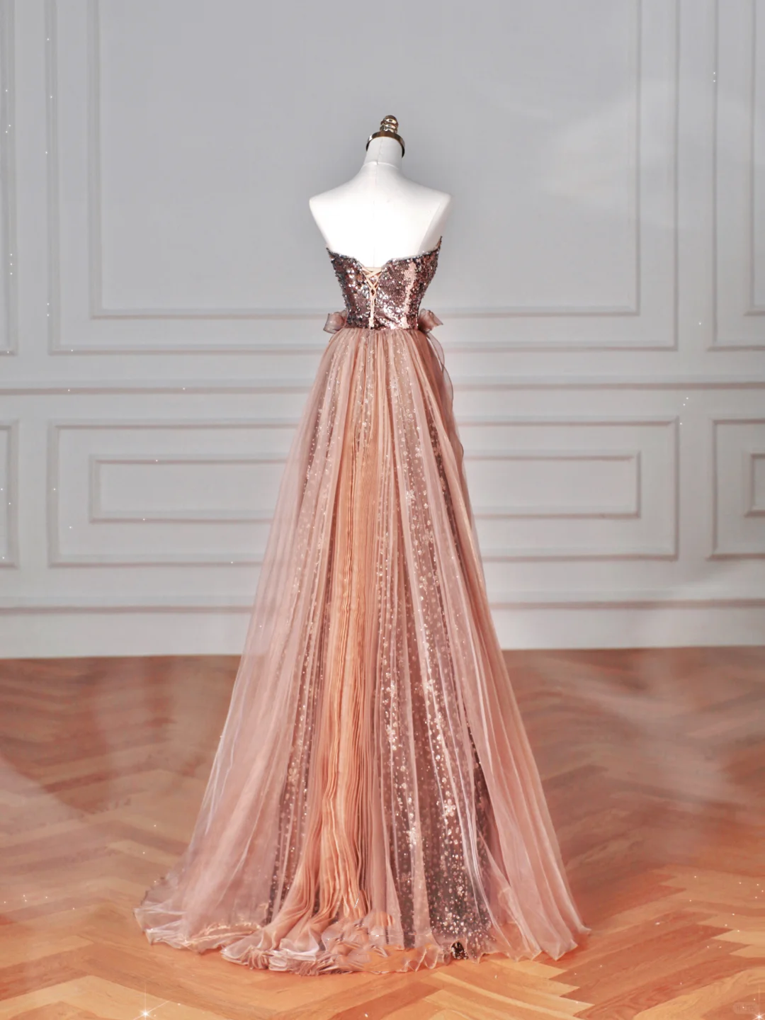 Vintage Rose Gold Strapless Tulle Sequins Beaded A Line Prom Dress Evening Dress Y8622