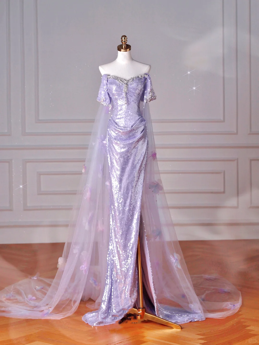 Glitter Lilac Sequin Tulle Beaded Mermaid Slit Evening Dress,Off The Shoulder Tulle Appliques Prom Dress Y8632