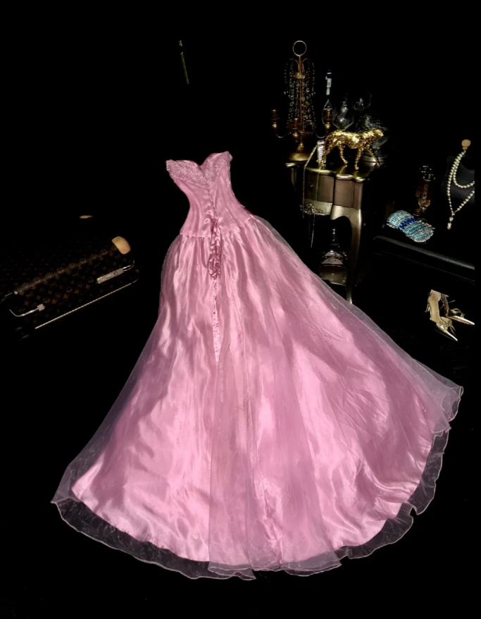 Charming Pink Strapless Satin Beaded Mermaid Evening Dress Birthday Prom Gown SP729