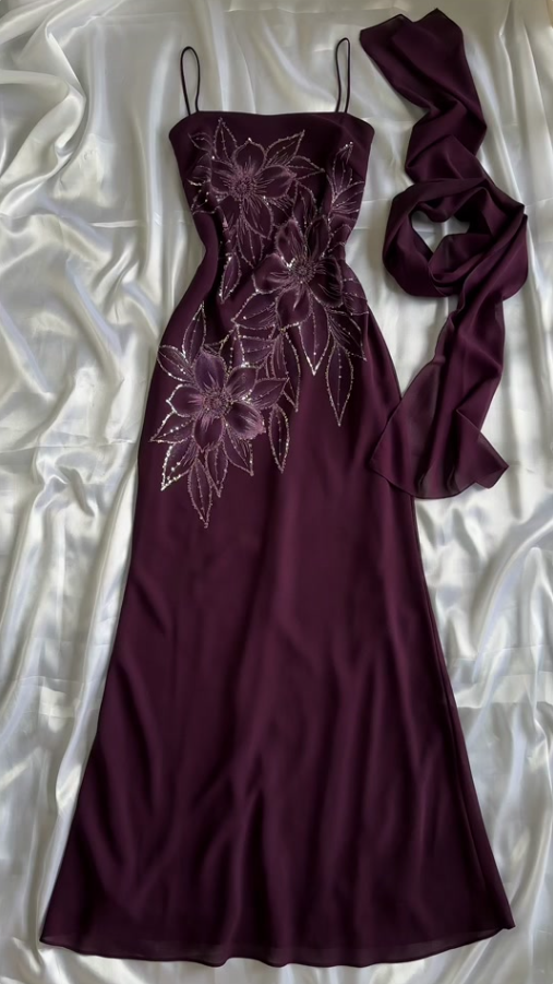 Retro Spaghetti Straps Purple Chiffon Sequin Floral Long Party Dress Prom Gown With Scarf SP2243