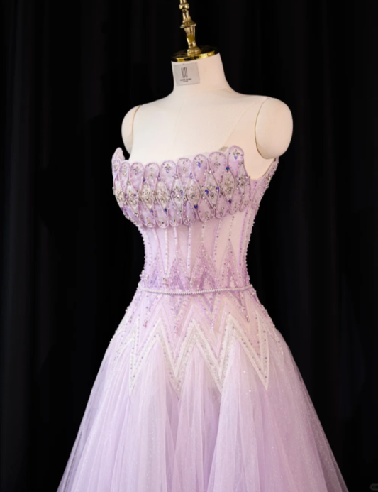 Sweet Purple Strapless Tulle Sequin Beaded A Line Princess Prom Dress Long Birthday Evening Gown SP2238