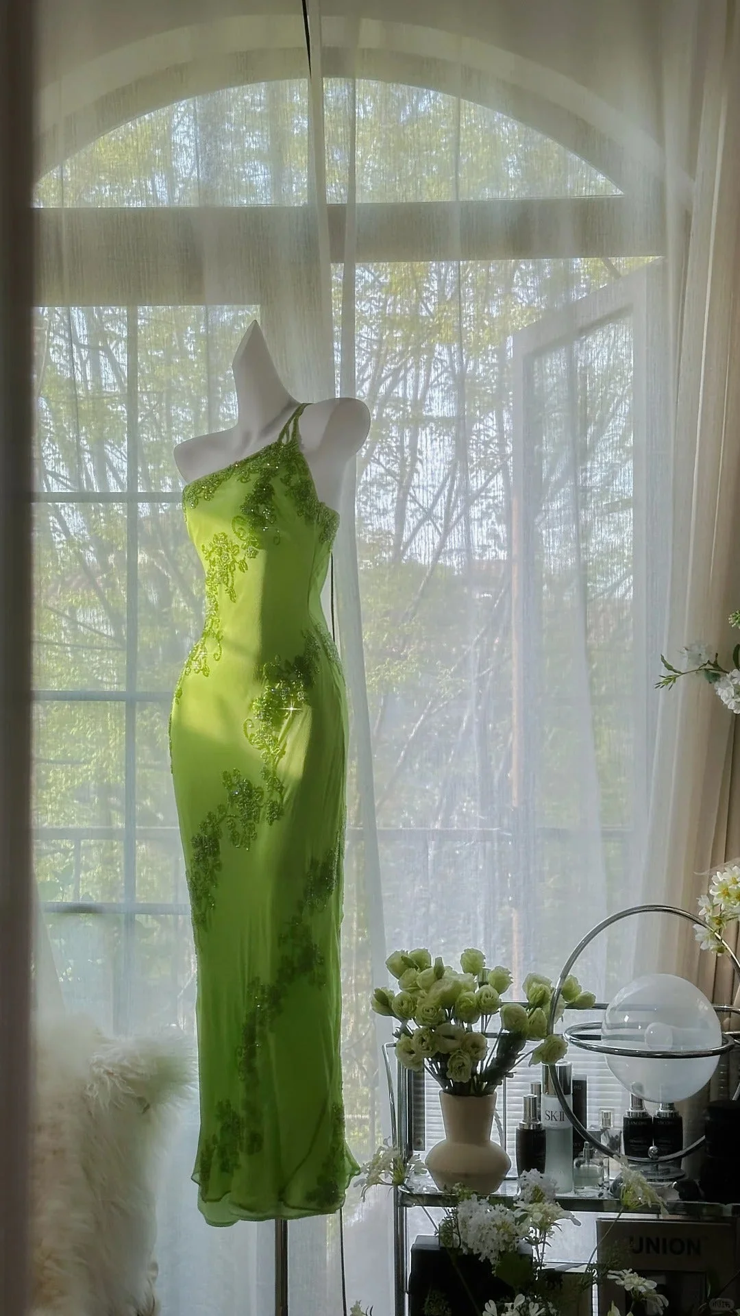 Vintage Evening Dresses, Green Spaghetti Straps Chiffon Beaded Party Gowns Y8695