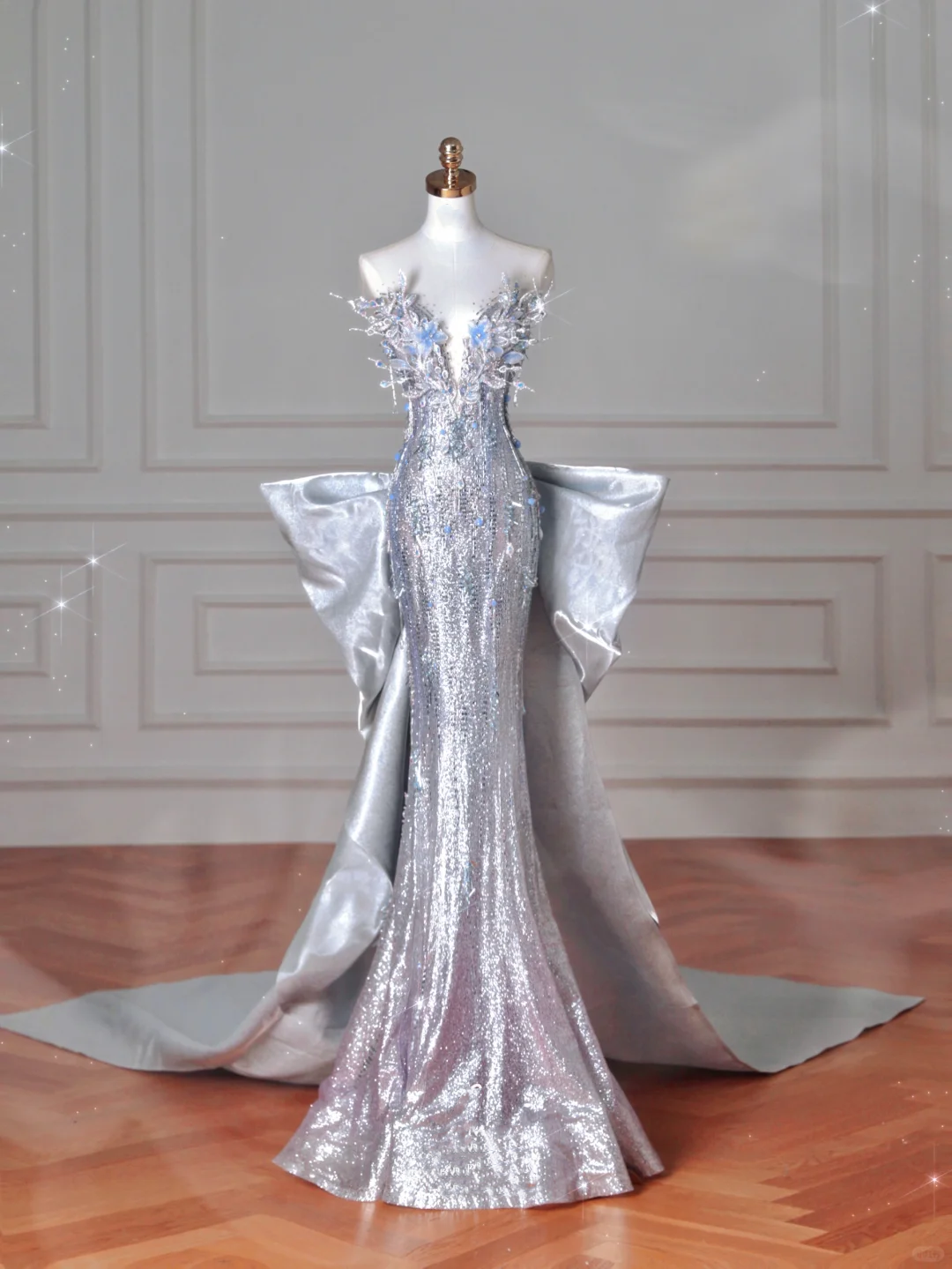 Luxury Silver Sequin 3D Beaded Mermaid Evening Dress,Long Prom Dress With Bow Y8640