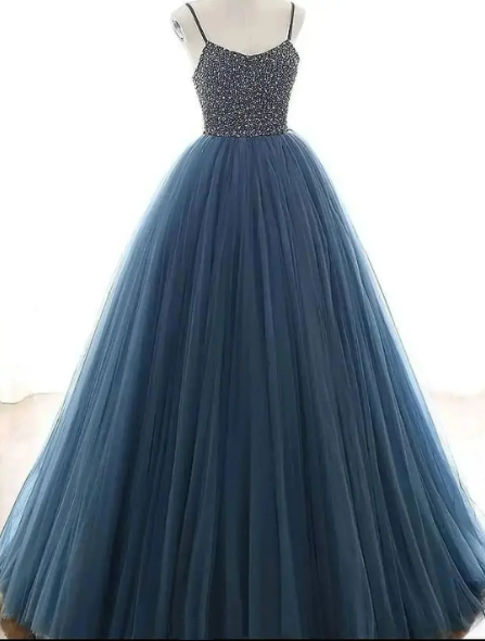 Vintage Navy Blue Spaghetti Straps Tulle Beaded Long Evening Dress Prom Gown SP33