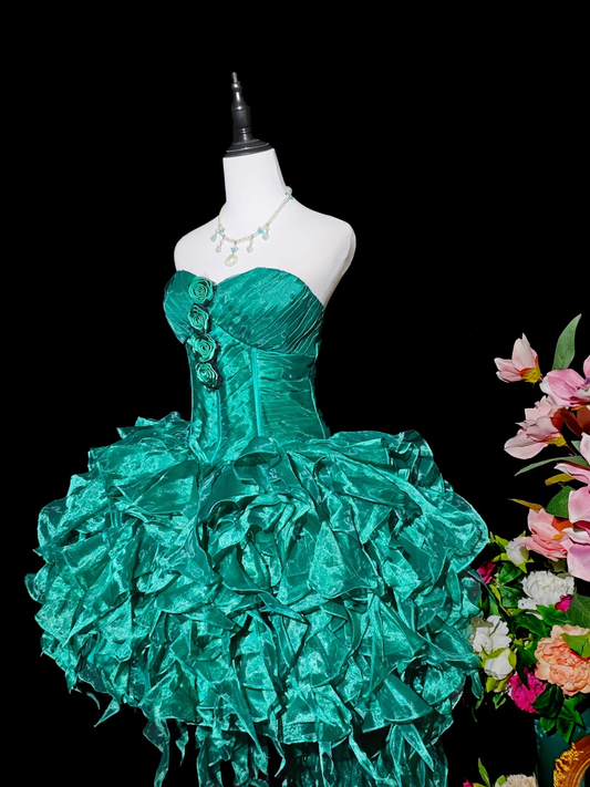Unique Green Strapless Tulle Ruffle A Line Cocktail Dress,Short 9th Grade Homecoming Dress SP2714