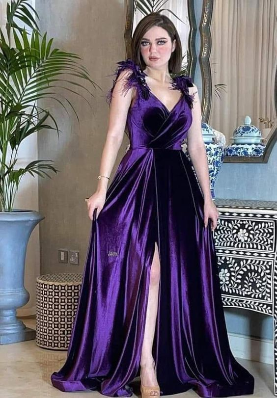 Sexy Purple Velvet A-line Prom Dress,Purple Evening Gown Y5802