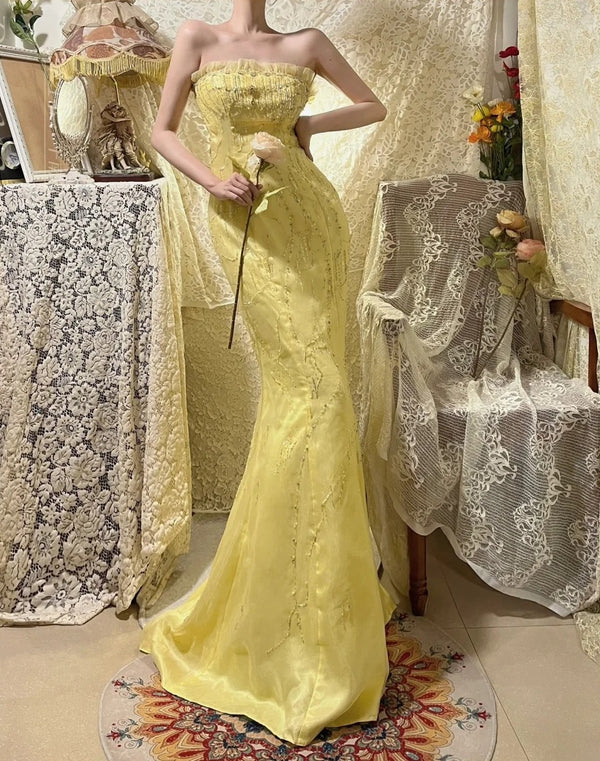 Cute Strapless Yellow Satin Beaded Mermaid Long Party Gown Formal Prom Dress SP410