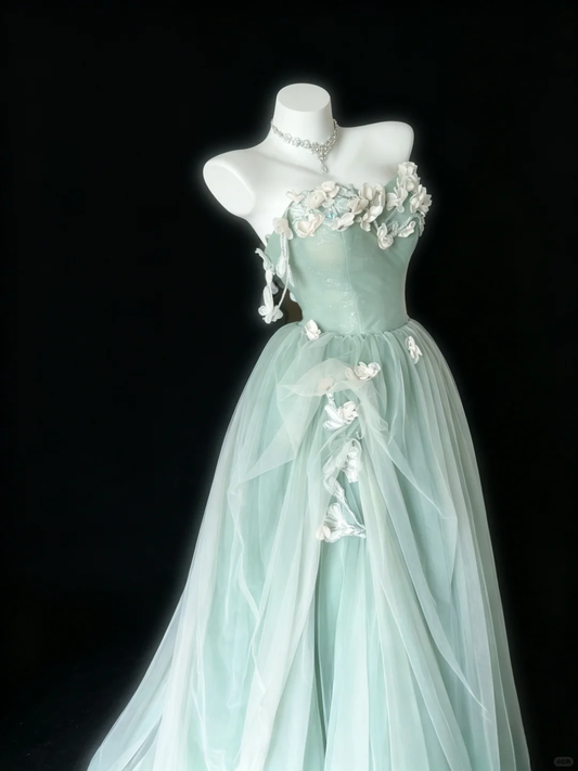 Elegant Strapless Mint Green Tulle Party Dress White Appliques A-Line Long Prom Dress SP2727