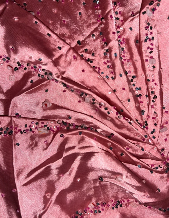 Cute V Neck Pink Halter Satin Beaded Mermaid Party Dress Long Wedding Guest Dress SP681