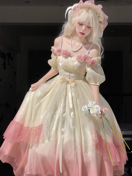 Roses Flowers Masquerade Prom Dress Pink Gradient Floral Party Dress With Pearls Y2401