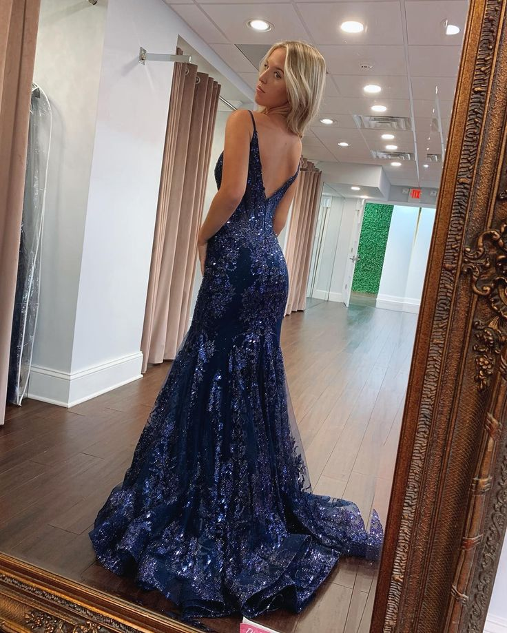 Sparkle Navy Blue Sequined Trumpet Long Prom Dress Y6444