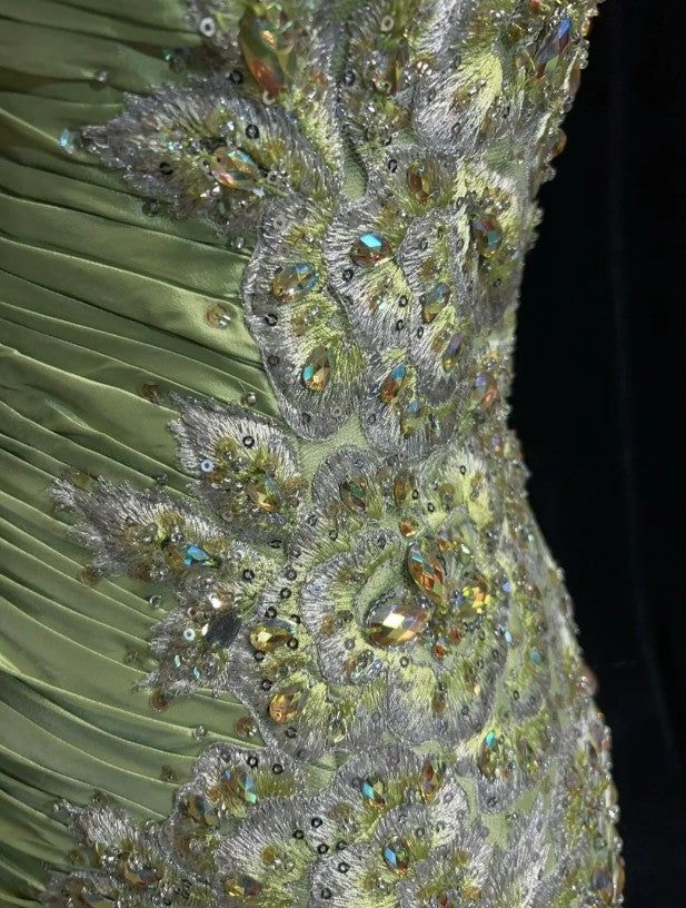 Vintage Green Mermaid Satin Beaded Sequin Evening Dress,Spaghetti Strap Long Prom Dress Y8556