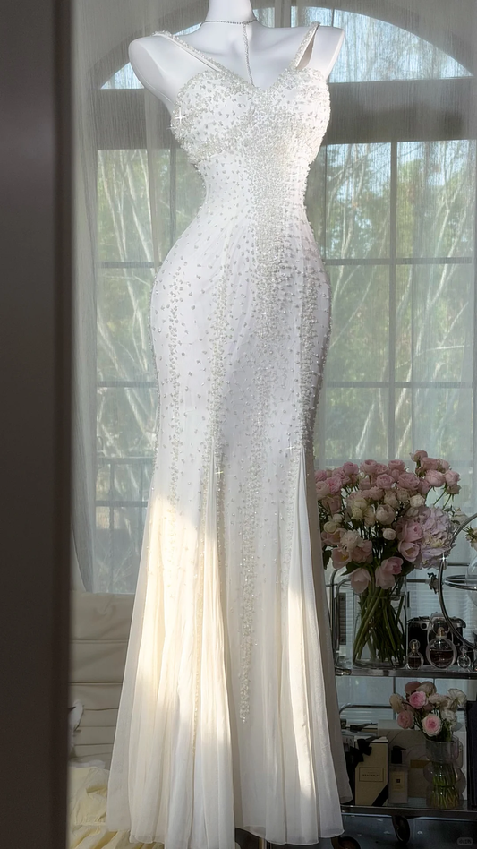 Sparkly Spaghetti Straps V Neck Chiffon Beaded Mermaid Evening Dress White Long Birthday Dress SP2179