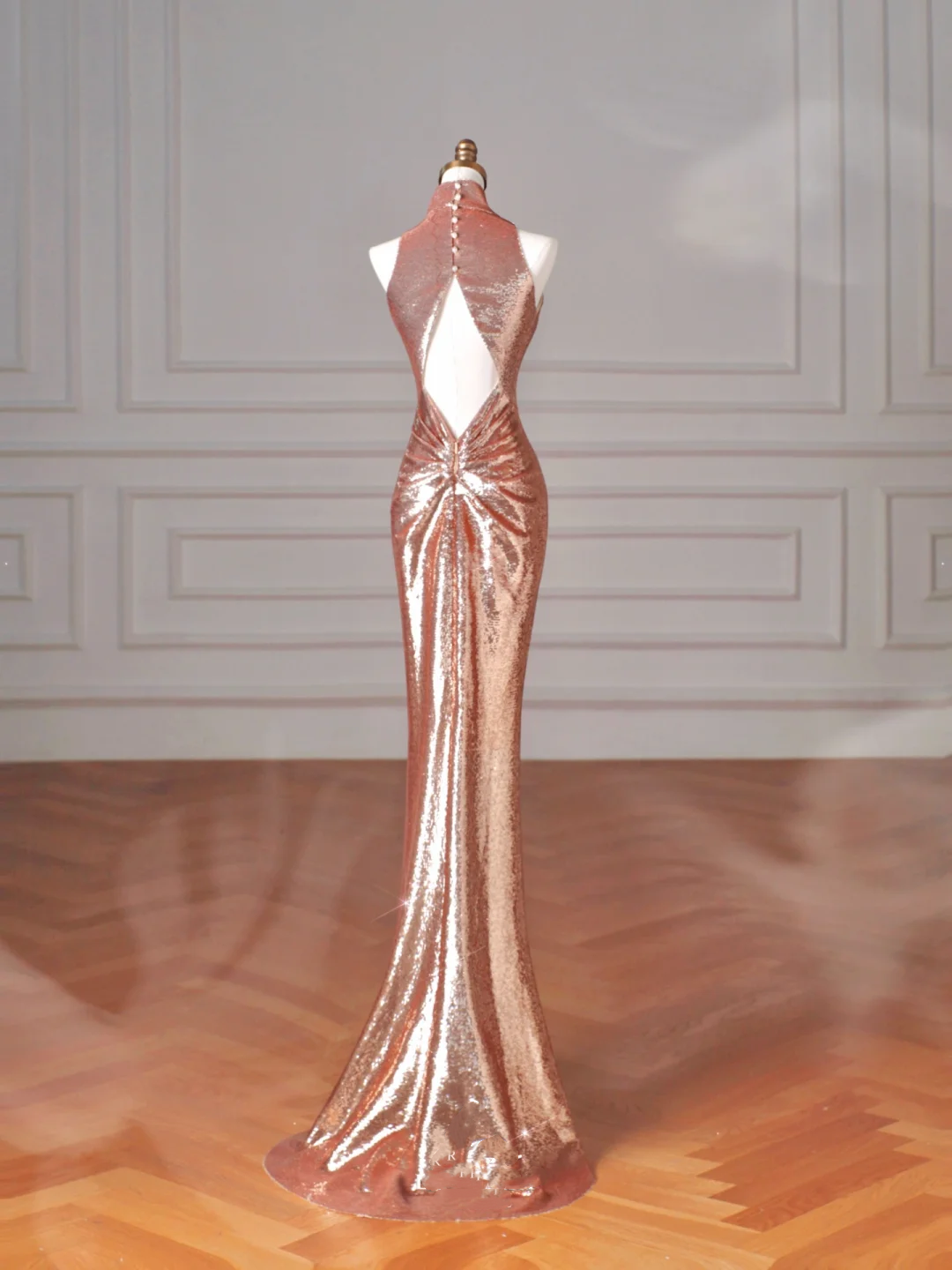 Classy Rose Gold Sequin Mermaid Long Prom Dress Backless Evening Dress Y8635