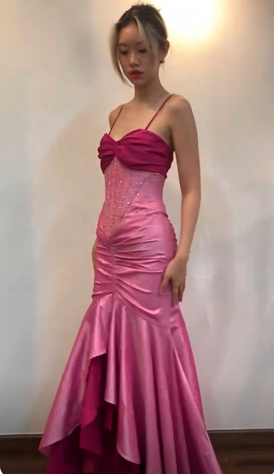 Vintage Spaghetti Straps Pink Satin Pleated Beaded Mermaid Long Party Dress SP4213