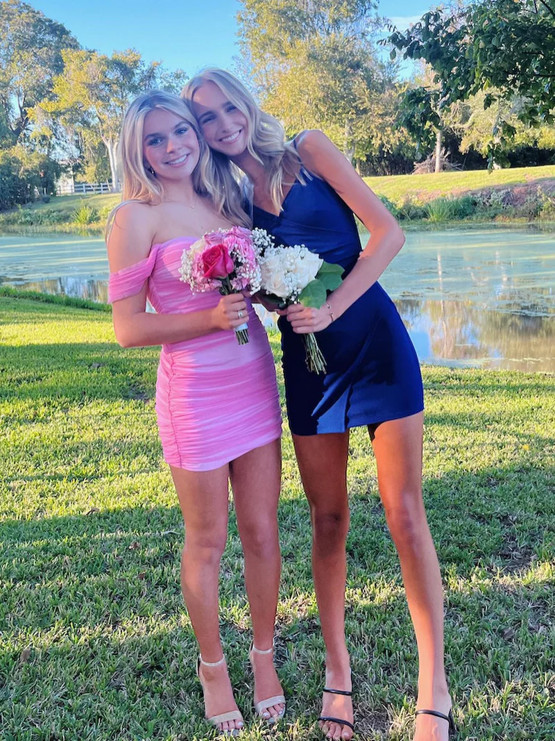 Classy Off The Shoulder Chiffon Pleated Sheath Mini Birthday Dress,Pink Short Graduation Homecoming Dress SP2873
