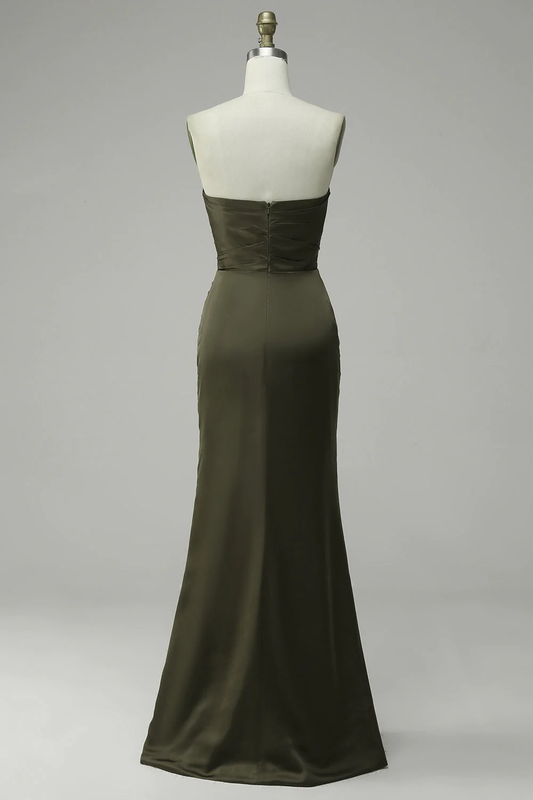 Green Strapless Satin Prom Dress With Slit Y4204