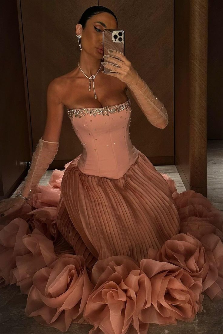 Gorgeous Pink Strapless Pleated Beaded Evening Dress Formal Prom Dress Y8741