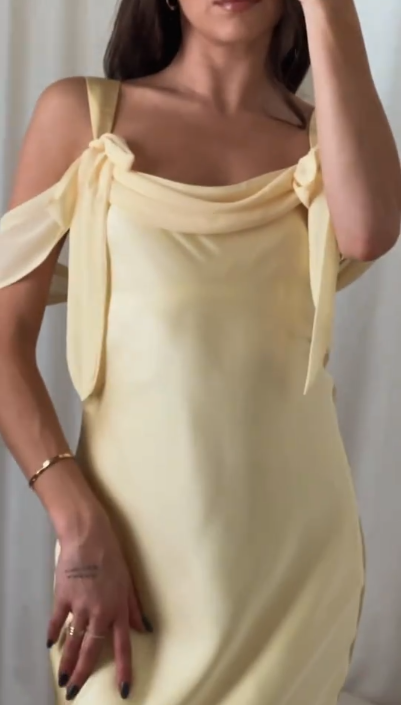 Elegant Yellow Off The Shoulder Satin Chiffon Long Party Dress Formal Bridesmaid Dress SP250