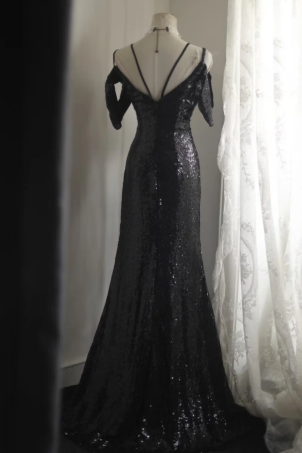 Shiny Spaghetti Straps Black Sequin Mermaid Party Dress Long Birthday Prom Gown SP1259