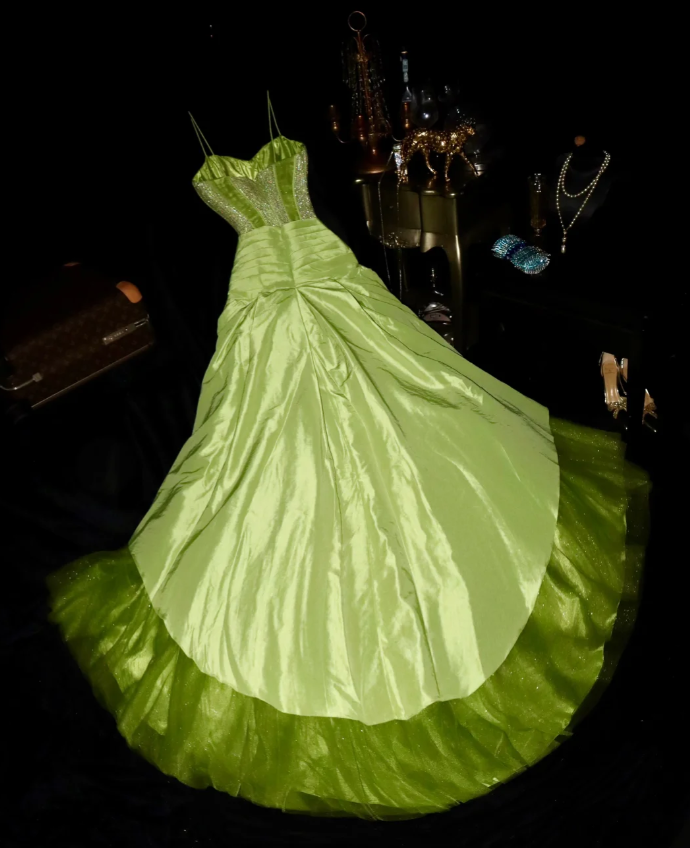 Pretty Spaghetti Straps Green Satin Tulle Sequin Mermaid Evening Dress Birthday Prom Gown SP713