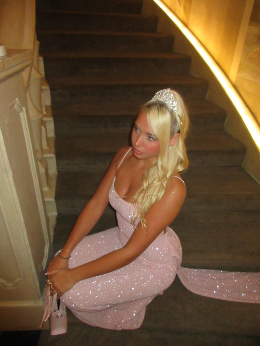 Elegant Pink Spaghetti Straps Sequin Mermaid Prom Dress,Backless Long Party Gown With Bow SP2965