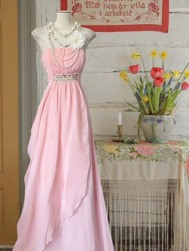 Classy Strapless Pink Chiffon Long Prom Dress Formal Birthday Party Dress P02