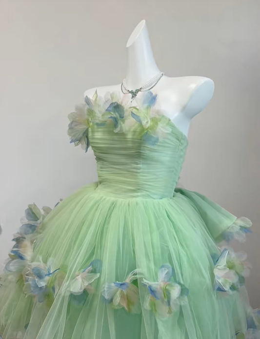Cute Green Strapless Tulle Petals A Line Short 15th Birthday Outfits Homecoming Dress SP2811
