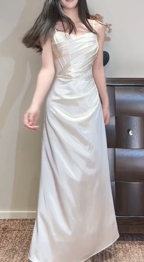 Simple Spaghetti Straps Ivory White Satin Pleated Long Bridesmaid Dress Wedding Guest Dress SP424