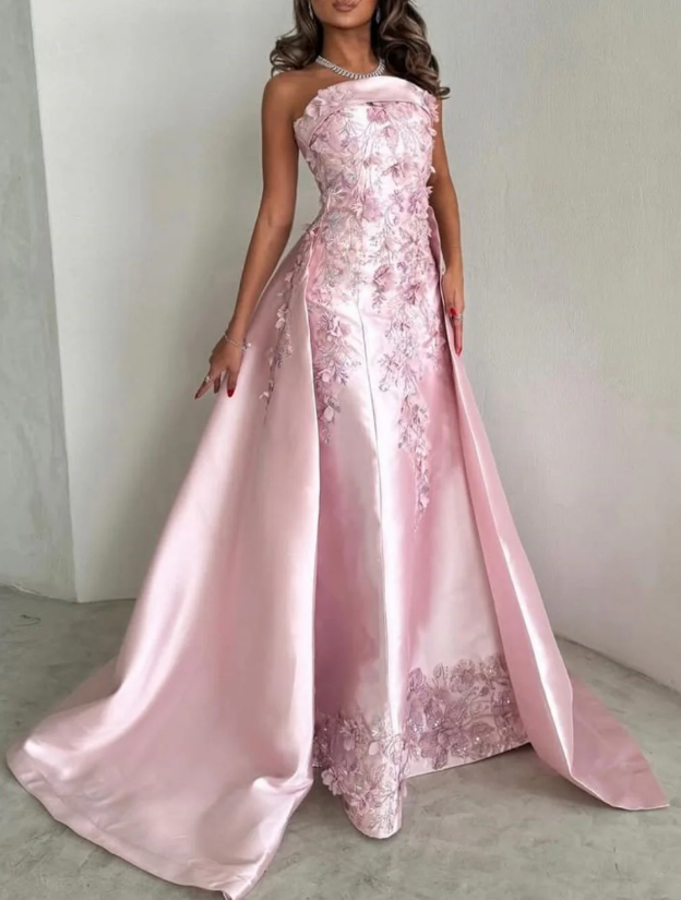 Gorgeous Pink Strapless Satin Appliques Evening Dress,Formal Prom Dress Y8427