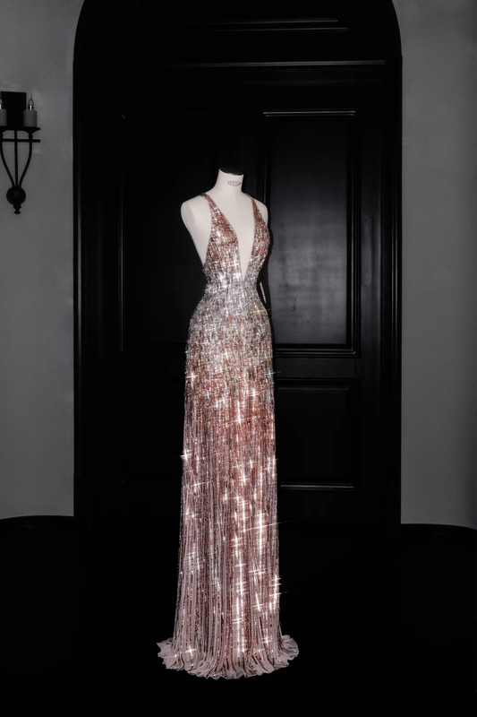 Luxury Deep V Sequin Backless Long Evening Dress Formal Prom Dress Y8683