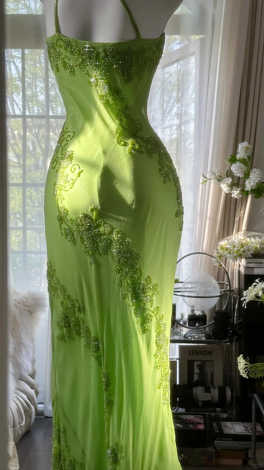 Vintage Evening Dresses, Green Spaghetti Straps Chiffon Beaded Party Gowns Y8695