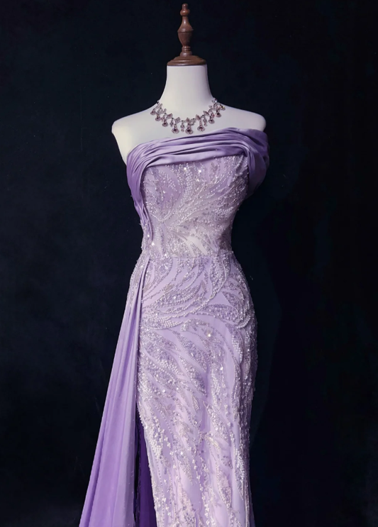 Glamorous Strapless Lavender Tulle Satin Beaded Slit Mermaid Evening Dress Long Birthday Prom Gowns SP1965